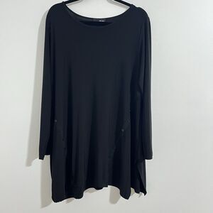 SUN KIM Slinky Tunic Top Size L Black Stretch Lagenlook Whimsigoth Buttons Flowy
